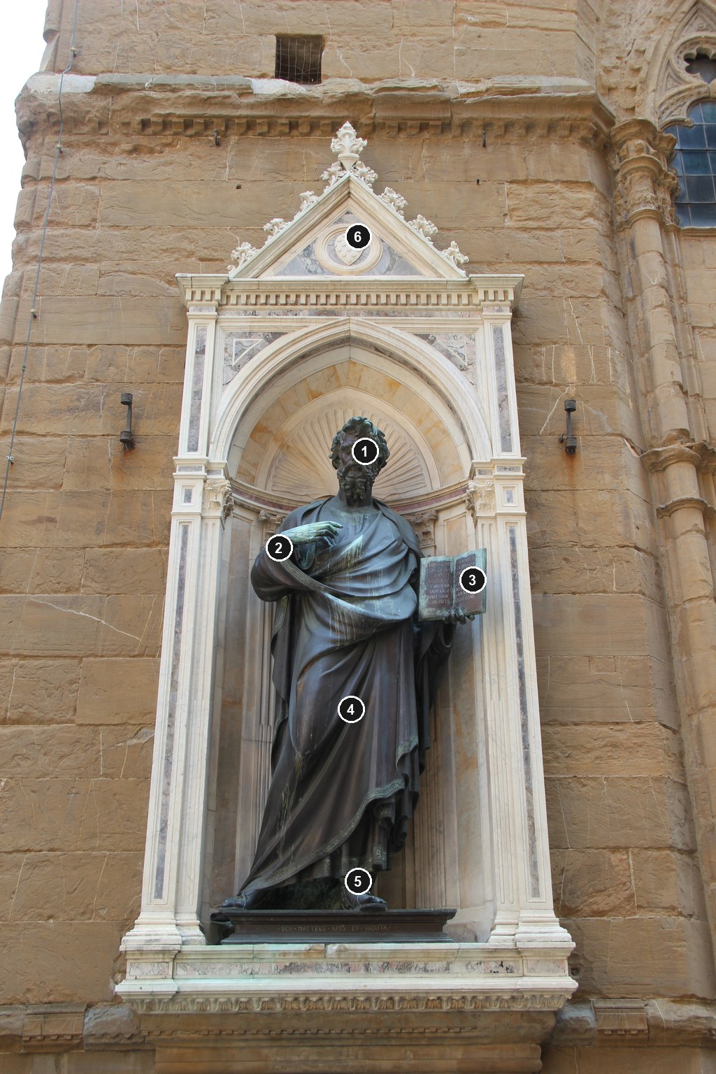 Annotated exterior replica of Ghiberti’s St Matthew at Orsanmichele